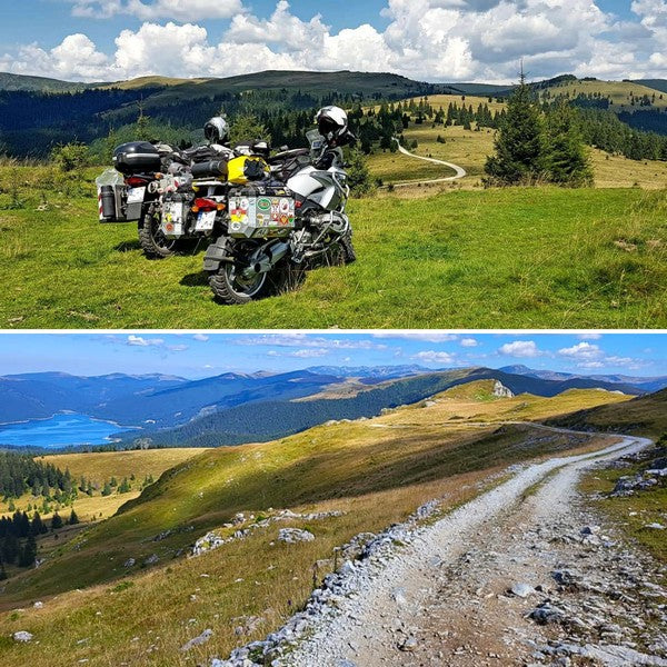 Winding dirt trails in the Romanian Carpathian Mountains. The image conveys remote, scenic riding on the Romania Off-Road GPX Add-On.