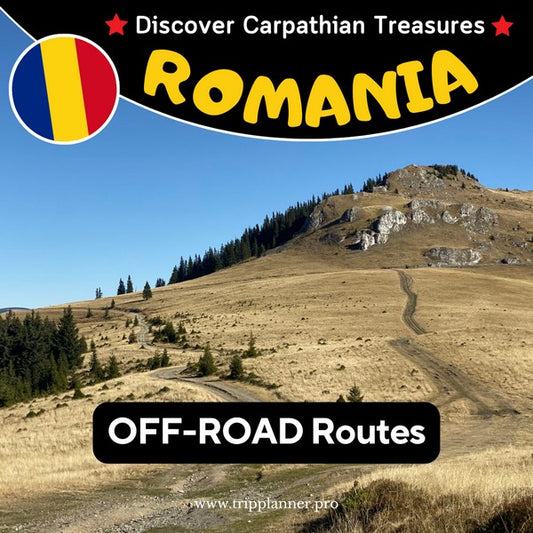 An adventure motorcycle on a winding dirt track through the Carpathian Mountains of Romania. The image promotes the 6-route Romania Off-Road GPX tracks.