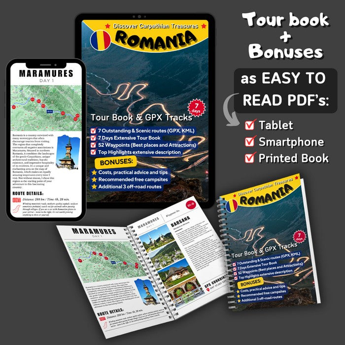Romania Motorcycle Guide & GPX Tracks – easy-to-read digital guide for tablet, smartphone, Garmin, TomTom.