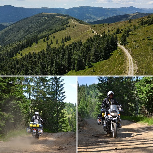 Scenic dirt trails in the Romanian Carpathian Mountains representing the rugged 752 km motorcycle off-road routes in Romania's Carpathians.