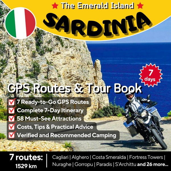 Sardinia Motorcycle Tour Book cover: Self-guided 7-day GPX routes and itinerary for an epic coastal and mountain adventure across the island.