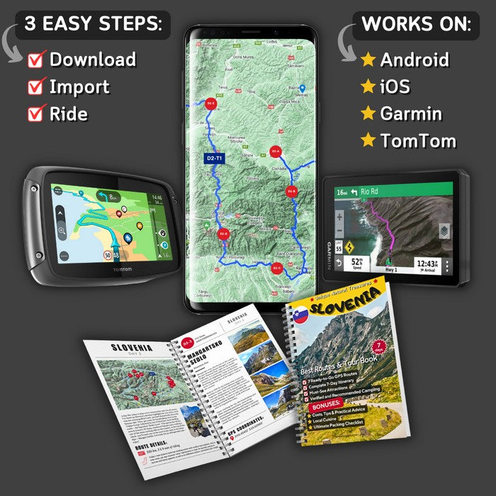 Slovenia Motorcycle GPX Routes for Garmin, TomTom, Android, and iOS with easy 3-step setup and road book preview