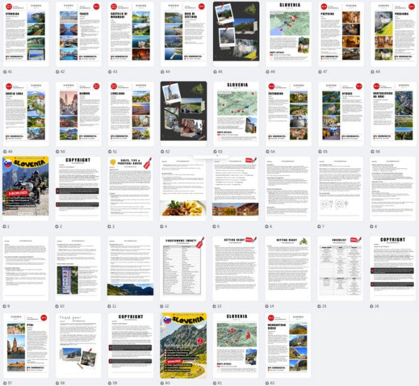 Inside preview of Slovenia Motorcycle Tour Book & GPX Routes showing maps, routes, attractions, and bonus travel resources