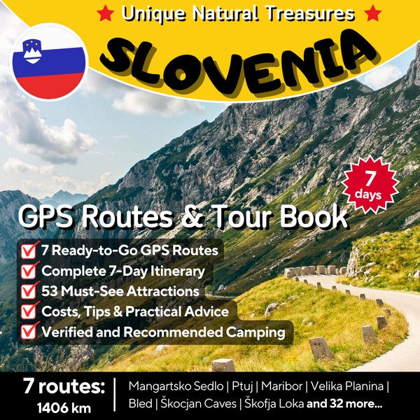 Slovenia Motorcycle Tour Book cover: Self-guided 7-day GPX routes including the dramatic Mangart Saddle pass and scenic roads of the Julian Alps.