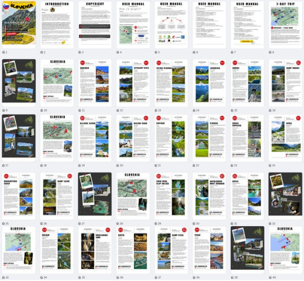 Preview of Slovenia Motorcycle Guide Book & GPX Tracks showing detailed maps, daily itineraries, attractions, and scenic routes