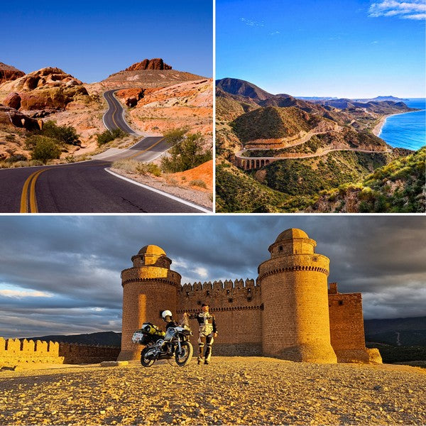 Spain Andalusia Motorcycle Tour: Riding scenic desert roads, coastal routes with sea views, and a historic castle in Spain, available in GPX.