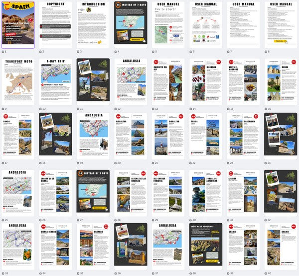 Andalusia Motorcycle Tour Book inside preview pages showing 7-day itinerary, user manual, and GPX route maps for Ronda, Gibraltar, Tarifa, and Setenil.