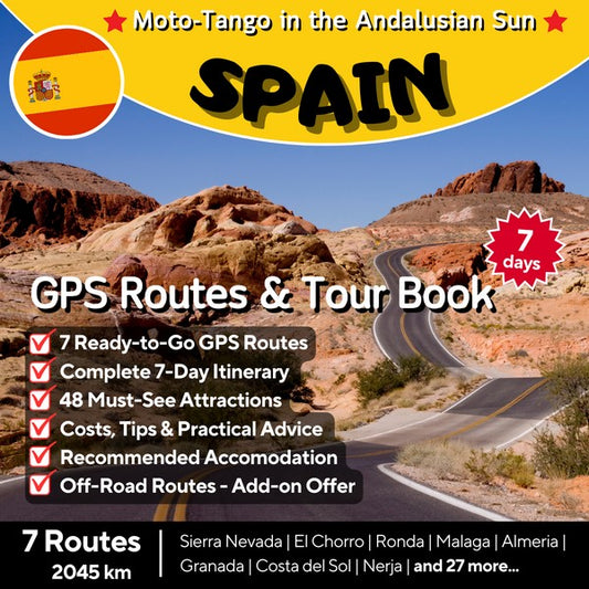 Andalusia Motorcycle Tour Book cover: Self-guided 7-day itinerary with 7 GPS routes, showing scenic Spanish roads and key attractions.