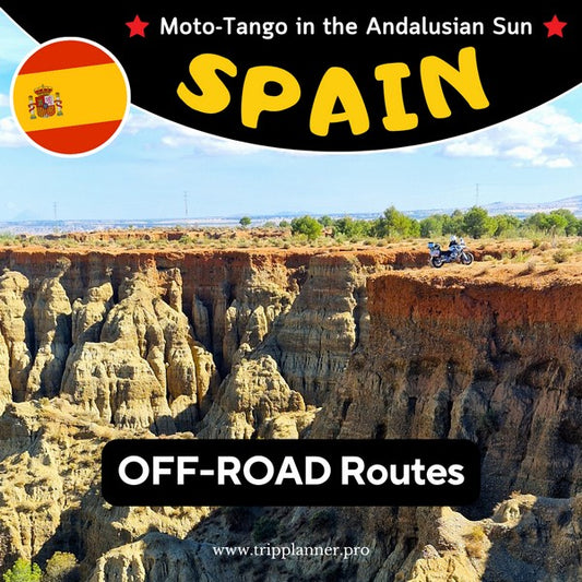 An adventure motorcycle riding on a cliff edge in the arid canyons of Andalusia, representing off-road GPX routes pack.