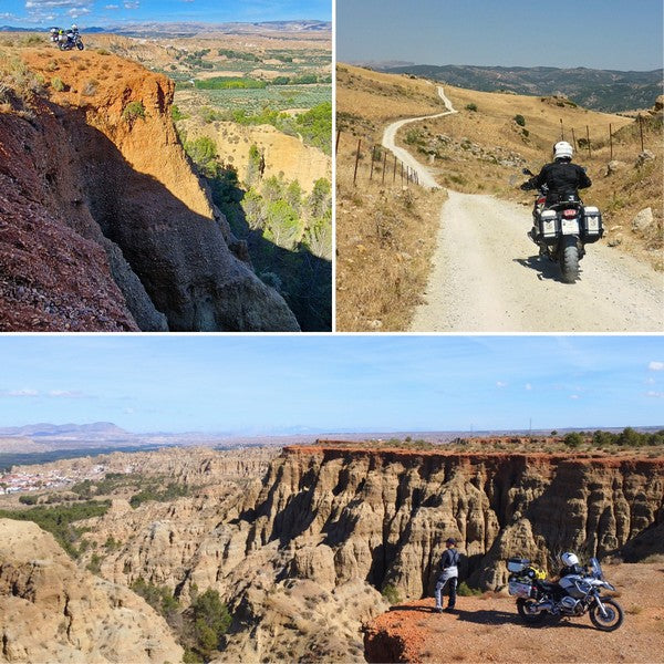 Motorcyclist riding challenging off-road trails with rugged cliffs and panoramic views in Andalusia, Spain - perfect for adventurous off-road motorcycle tours