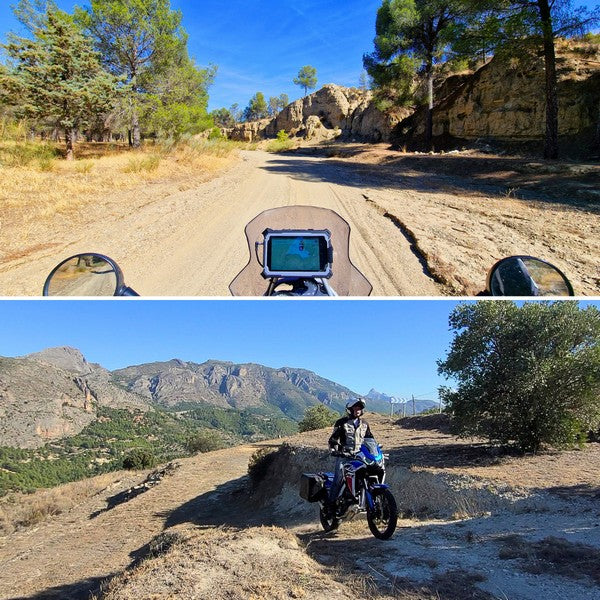 Motorcyclist navigating rugged mountain trails with scenic views of Andalusian landscape, showcasing adventurous off-road riding in southern Spain