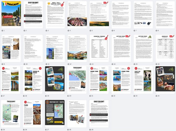 Inside preview of the Tuscany Motorcycle Tour Book & GPX Routes – see maps, itineraries, travel tips, and scenic motorcycle routes from the 7-Day Tuscany Trip Planner.