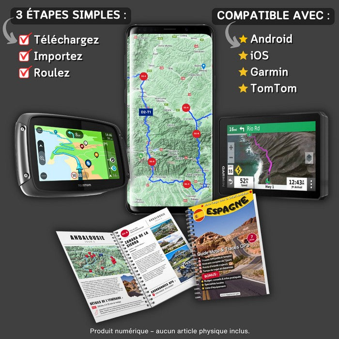 Andalousie - Guide moto et traces GPX compatibles avec smartphone Android, iOS, Garmin et TomTom avec roadbook et points d'intérêt.