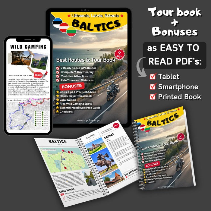 Mockup of the Baltic States motorcycle tour book and bonus materials shown on a smartphone, tablet, and in a printed spiral-bound format.