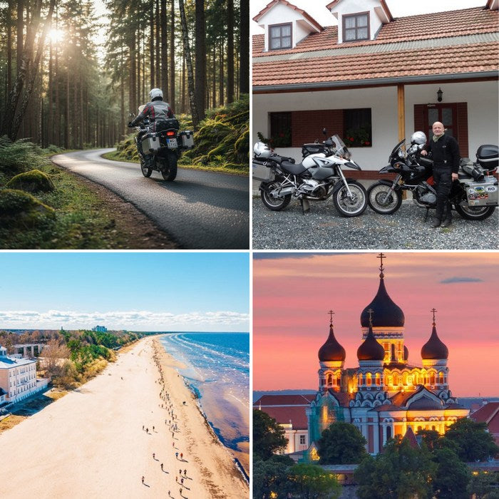 Scenery from the 9-day Baltic motorcycle tour: A rider on a winding forest road, motorcycles at a local guest house, the sandy beach of Jūrmala, and the Cathedral in Tallinn.