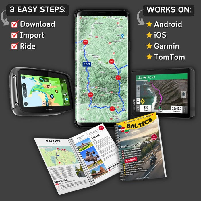 Infographic showing the Baltic motorcycle tour routes compatibility with Garmin, TomTom, and smartphone devices, featuring the tour book and GPX files.