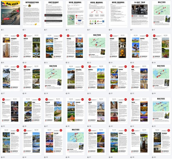 A comprehensive 40-page grid preview of the Baltic States motorcycle tour book, showing detailed 9-day itineraries, GPS coordinates, route maps, and attraction guides for Lithuania, Latvia, and Estonia.
