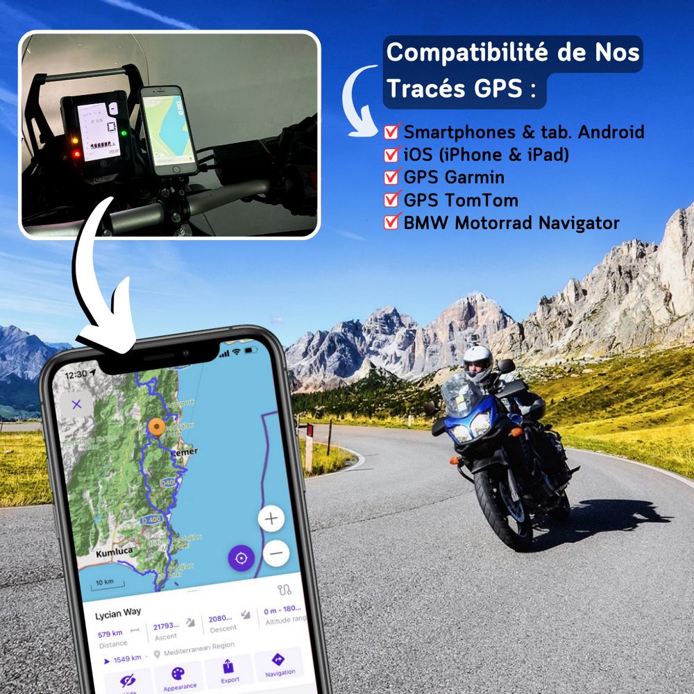 Compatibilité des tracés GPS moto avec Garmin, TomTom, BMW Motorrad Navigator, Android et iPhone.