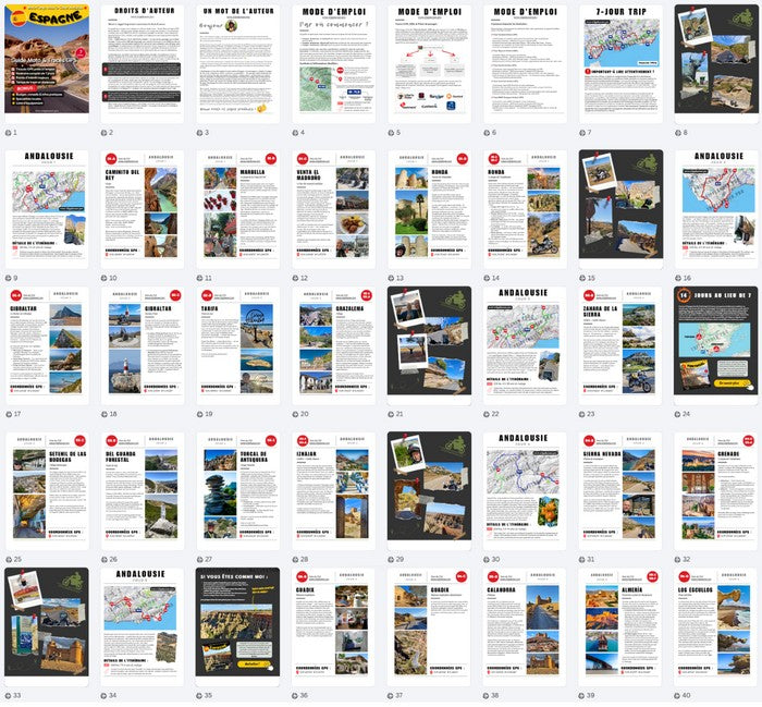 Espagne, Andalousie - Aperçu des pages du guide moto avec cartes, étapes de roadbook, points d'intérêt et traces GPX.