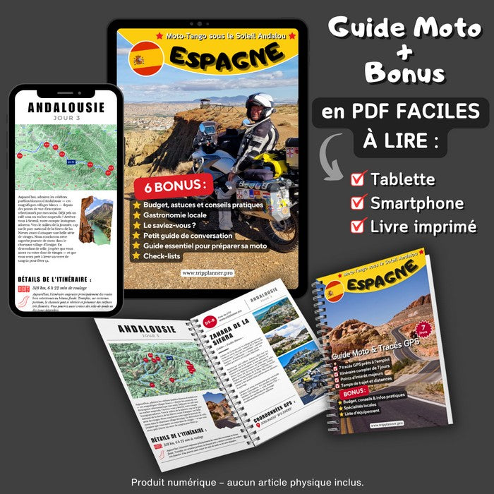 Andalousie - Guide moto, roadbook et traces GPX au format PDF pour tablette, smartphone et livre imprimé avec bonus pratiques.