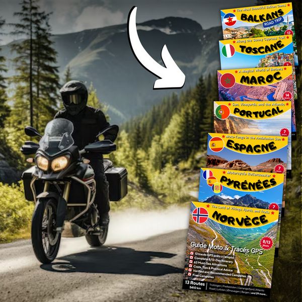 Motard en road-trip sur route de montagne et collection de guides de voyage moto avec tracés GPX vérifiés.