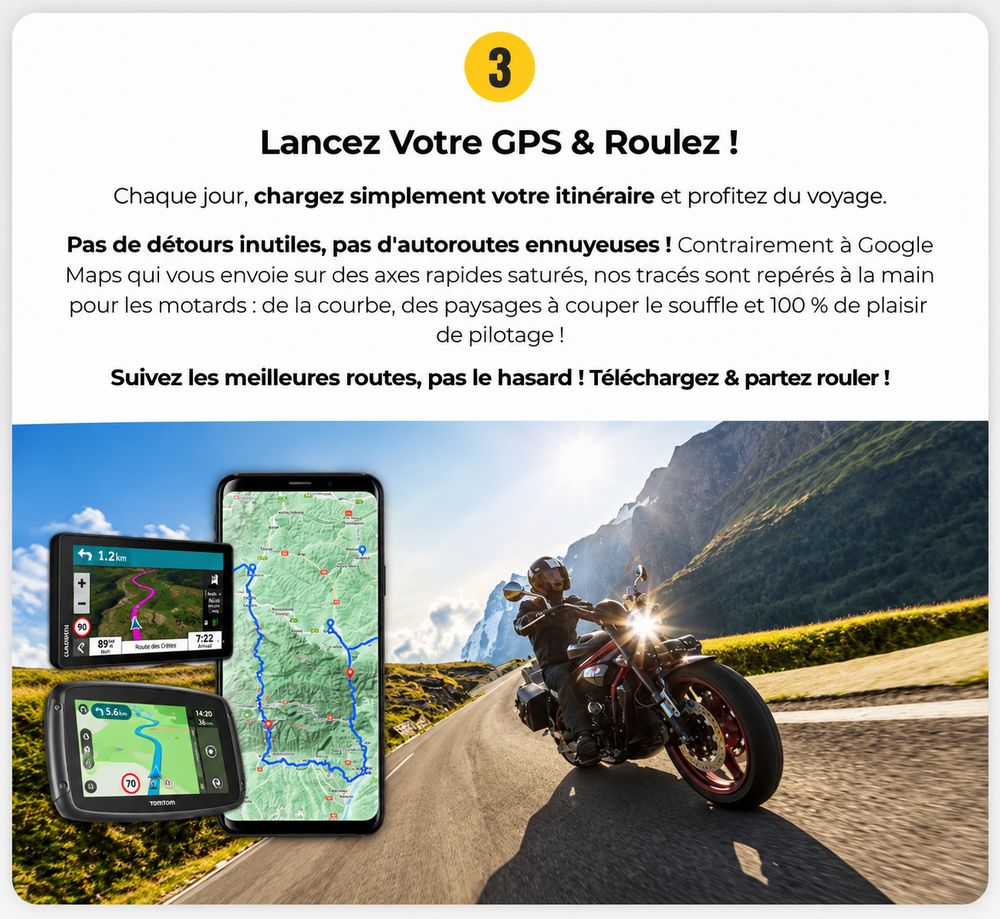 Motard sur route de montagne avec smartphone et GPS affichant un itinéraire moto panoramique GPX.