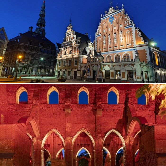 Architectural highlights of the 9-day Baltic motorcycle tour: The illuminated House of the Blackheads in Riga, Latvia, and the historic ruins of Tartu Cathedral in Estonia.