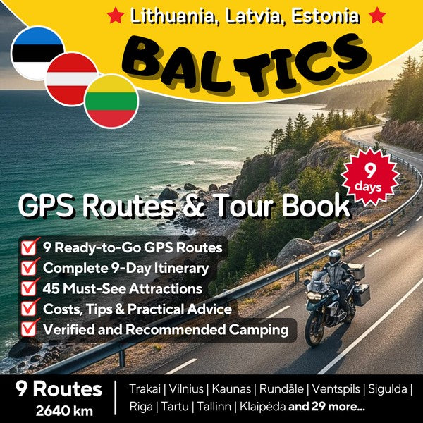 Motorcycle Tour Book cover for a 9-day Baltic adventure through Lithuania, Latvia, and Estonia, featuring 9 GPS routes, 2640 km of riding, 45 must-see attractions, and verified camping spots.