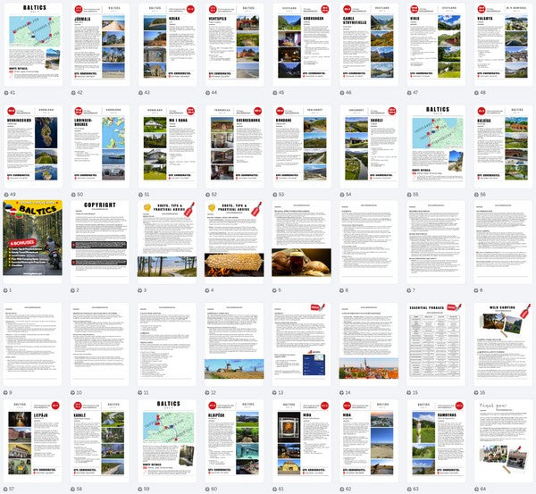 Second part of the 9-day Baltic motorcycle tour book preview, showing detailed plans for the Latvian coast, Klaipėda, and Nida, including GPS coordinates and final journey pages