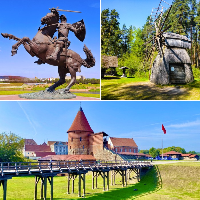 Cultural highlights of the Baltic motorcycle tour with GPX tracks: The Vytis knight monument, a vintage wooden windmill, and the red-brick Kaunas Castle.