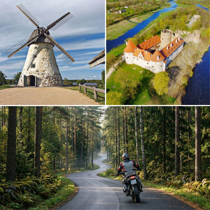 Collage featuring highlights of the Baltic States motorcycle tour: a traditional windmill, a riverside castle, and a rider on a winding forest road in Lithuania, Latvia, and Estonia.