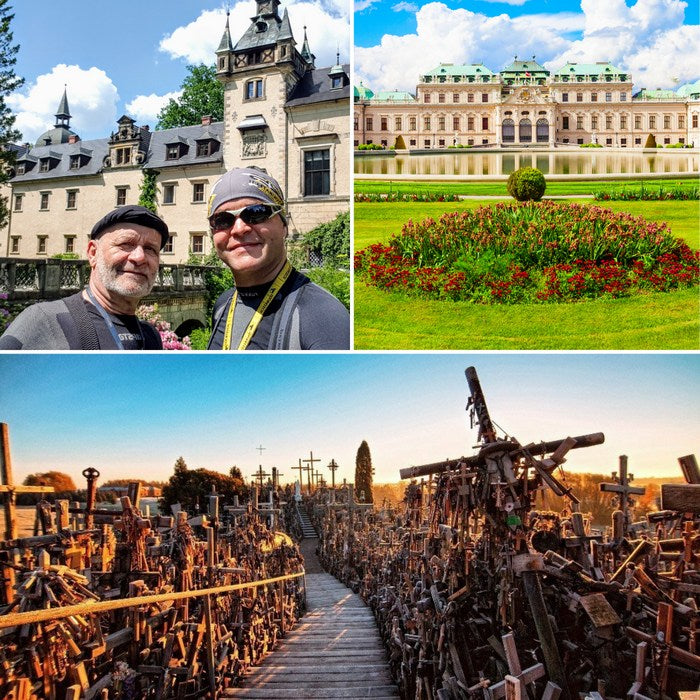 Collage of stops on the 9-day Baltic motorcycle tour: Rundāle Palace in Latvia, the Hill of Crosses in Lithuania, and riders at a historic landmark.