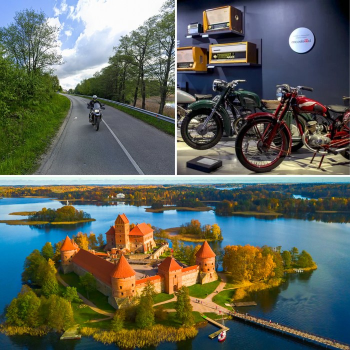 Scenic highlights of the 9-day Baltic motorcycle tour: The iconic Trakai Island Castle in Lithuania, a motorcyclist on a rural road, and vintage bikes at the Riga Motor Museum.