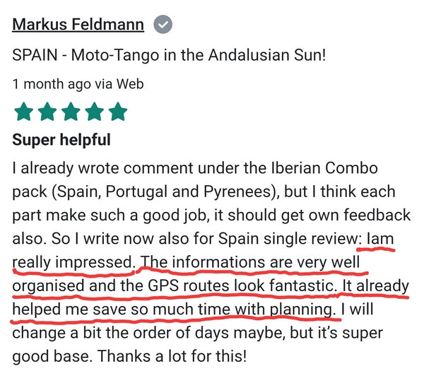 Review of a Motorcycle Guide for Spain with positive feedback on organization and GPS routes.