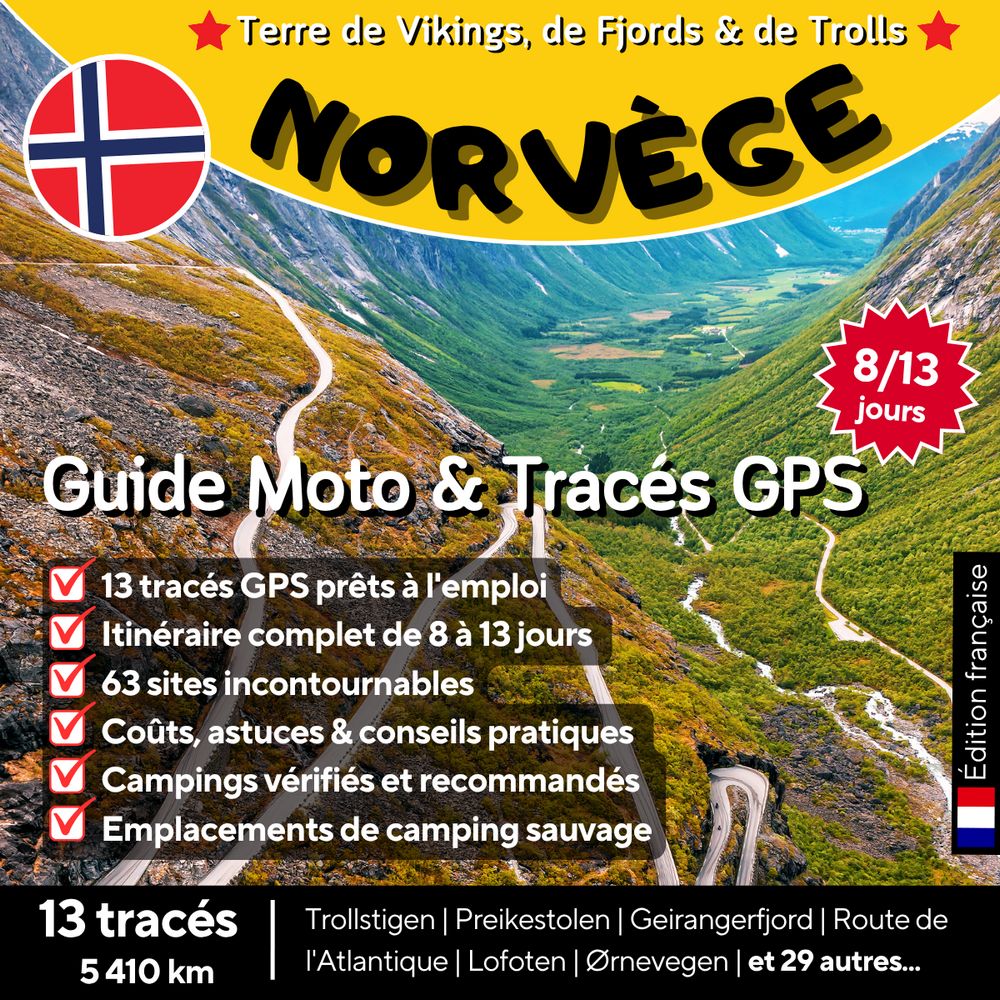 Couverture du guide moto Norvège avec 13 tracés GPX prêts à l'emploi, itinéraire road trip 13 jours, Trollstigen, Route de l'Atlantique et îles Lofoten