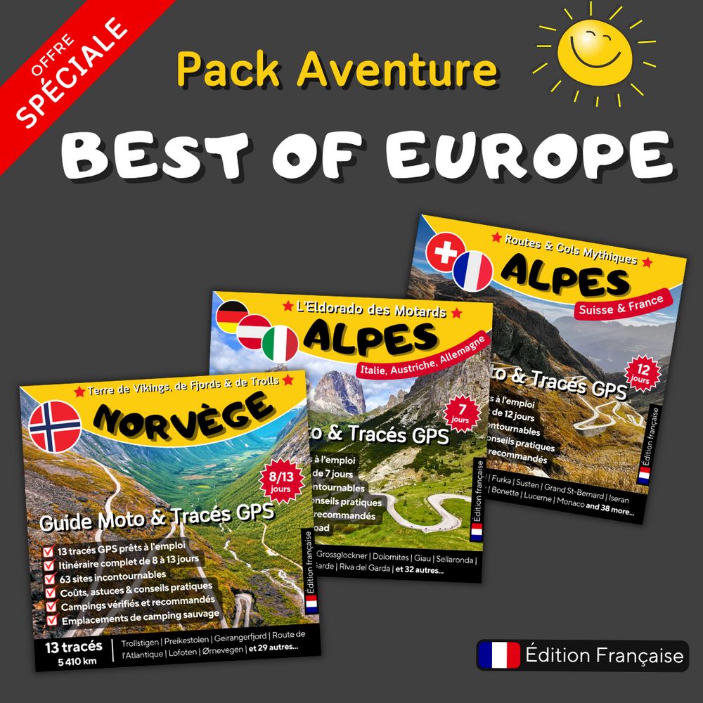 Pack Aventure Moto 3-en-1 : guides moto PDF et itinéraires GPX pour un road trip en Norvège et dans les Alpes, édition française.
