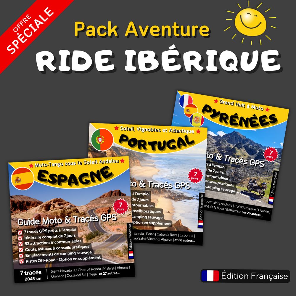 Pack Aventure Moto 3-en-1 : Guides de voyage PDF et traces GPX pour l'Espagne, le Portugal et les Pyrénées en édition française.