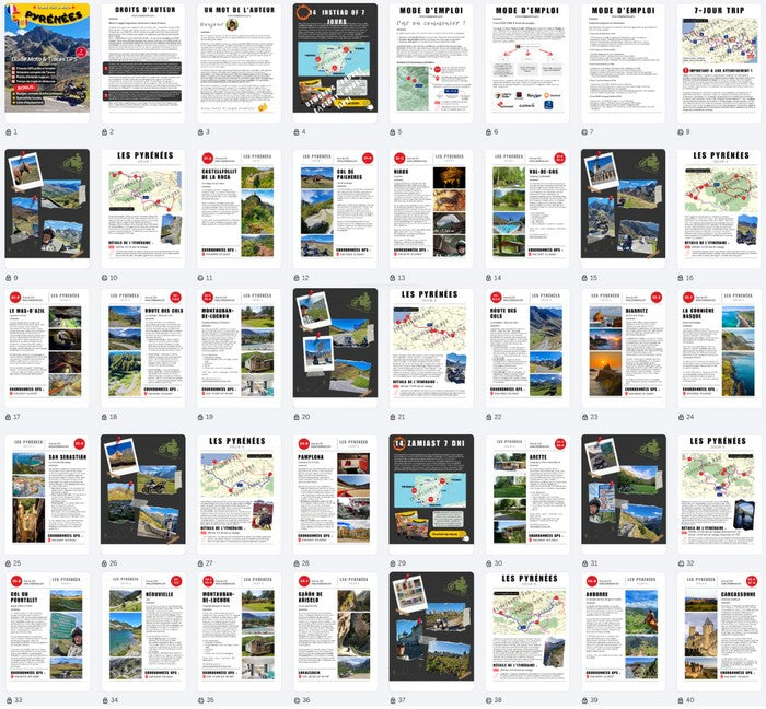 Pyrénées - Aperçu des pages du guide moto avec cartes, étapes de roadbook, points d'intérêt et traces GPX.