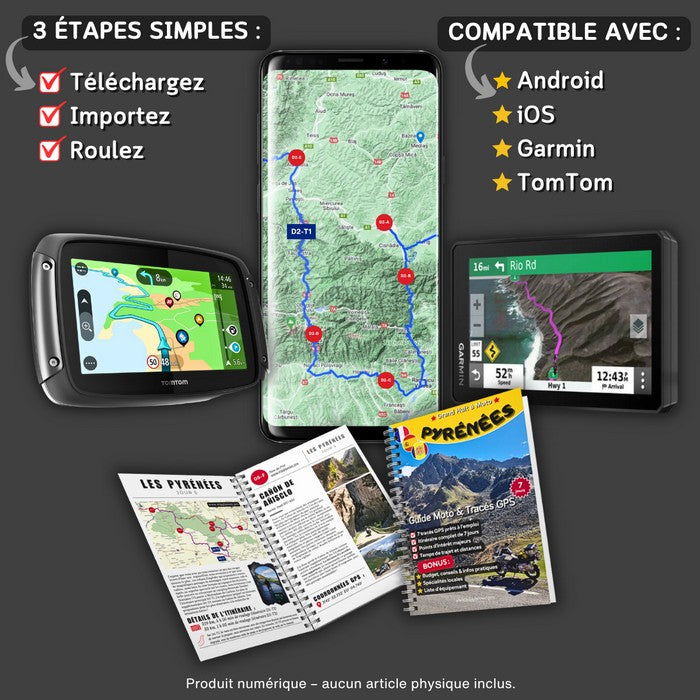 Pyrénées - Guide moto et traces GPX compatibles avec smartphone Android, iOS, Garmin et TomTom avec roadbook et points d'intérêt.