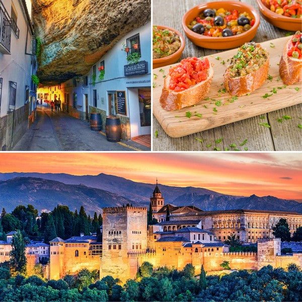 Andalusia Motorcycle Tour: Granada Alhambra palace at night, Setenil de las Bodegas (houses in rocks), and Spanish tapas to enjoy on your GPX route.