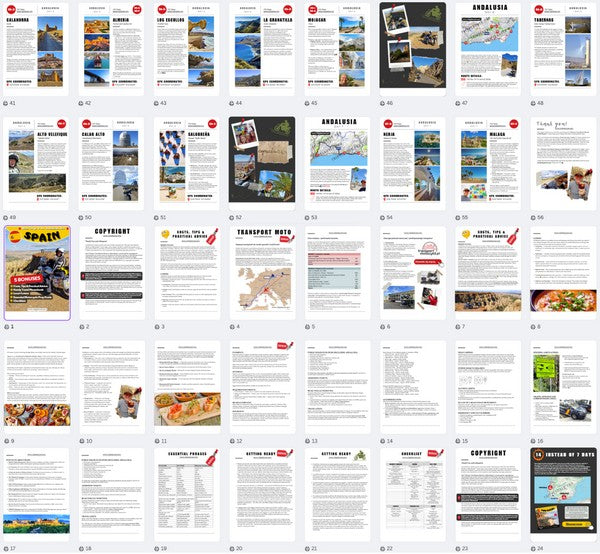 Spain Andalusia Motorcycle Tour Book & GPS Routes inside preview: Practical tips, costs, map of moto transport, essential phrases, checklist, and bonus pages.